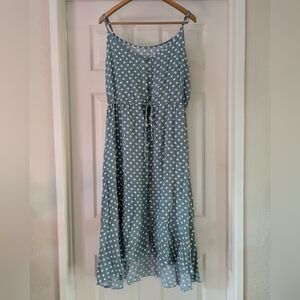 Blue W/ White Polka Dot Button-Down Dress W/ Tie Waist Size XL Adjustable Straps